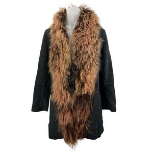 Women's Black Wool Cashmere Faux Fur Long Sleeve Cardigan Coat Jacket Size S